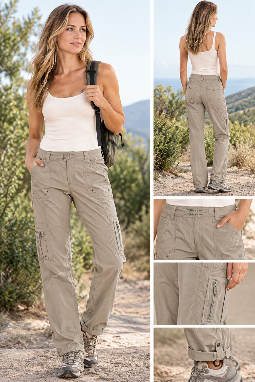 Chicos Beige Cargo Utility Pants Roll Tab Hem Stretch Hiking Size 0.5 Small